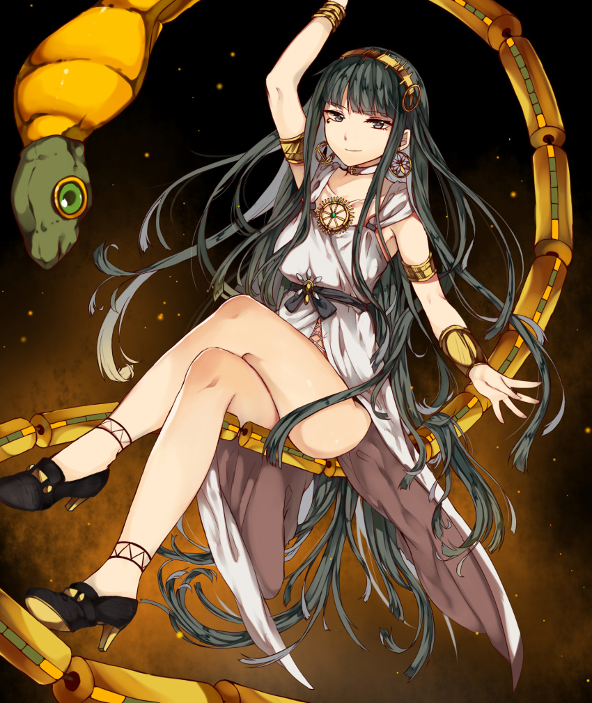 1girl alternate_costume armlet armpits bracelet choker cleopatra_(fate/grand_order) crossed_legs dress earrings fate/grand_order fate_(series) green_hair grey_eyes hairband high_heels highres jewelry long_hair nagatsuki_take sitting snake solo very_long_hair