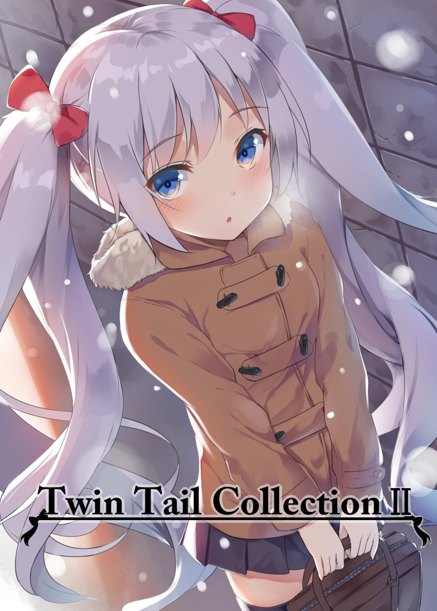 1girl absurdres alexmaster black_legwear black_skirt blue_eyes bow eyebrows eyebrows_visible_through_hair hair_bow highres long_hair looking_at_viewer original outdoors pleated_skirt red_bow silver_hair skirt snow solo thigh-highs twintails zettai_ryouiki
