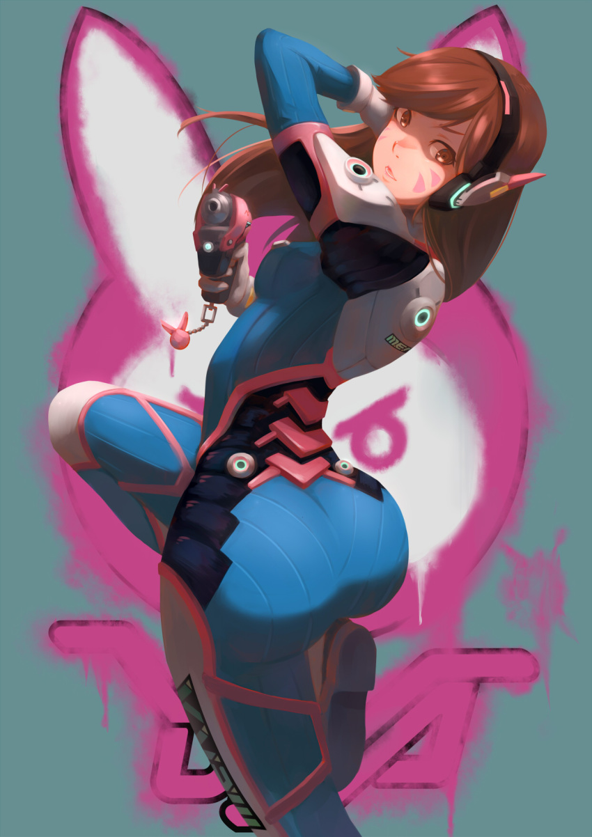 1girl 2016 acronym arm_up ass bangs bodysuit boots bracer breasts brown_eyes brown_hair character_name charm_(object) cowboy_shot d.va_(overwatch) facepaint facial_mark from_behind gloves gun hand_behind_head hand_up handgun headphones highres holding holding_gun holding_weapon leg_up long_hair long_sleeves looking_back overwatch parted_lips pauldrons pilot_suit pointing pointing_at_viewer ribbed_bodysuit shoulder_pads skin_tight small_breasts solo standing standing_on_one_leg swept_bangs thigh-highs thigh_boots thigh_strap turtleneck weapon whisker_markings white_boots white_gloves