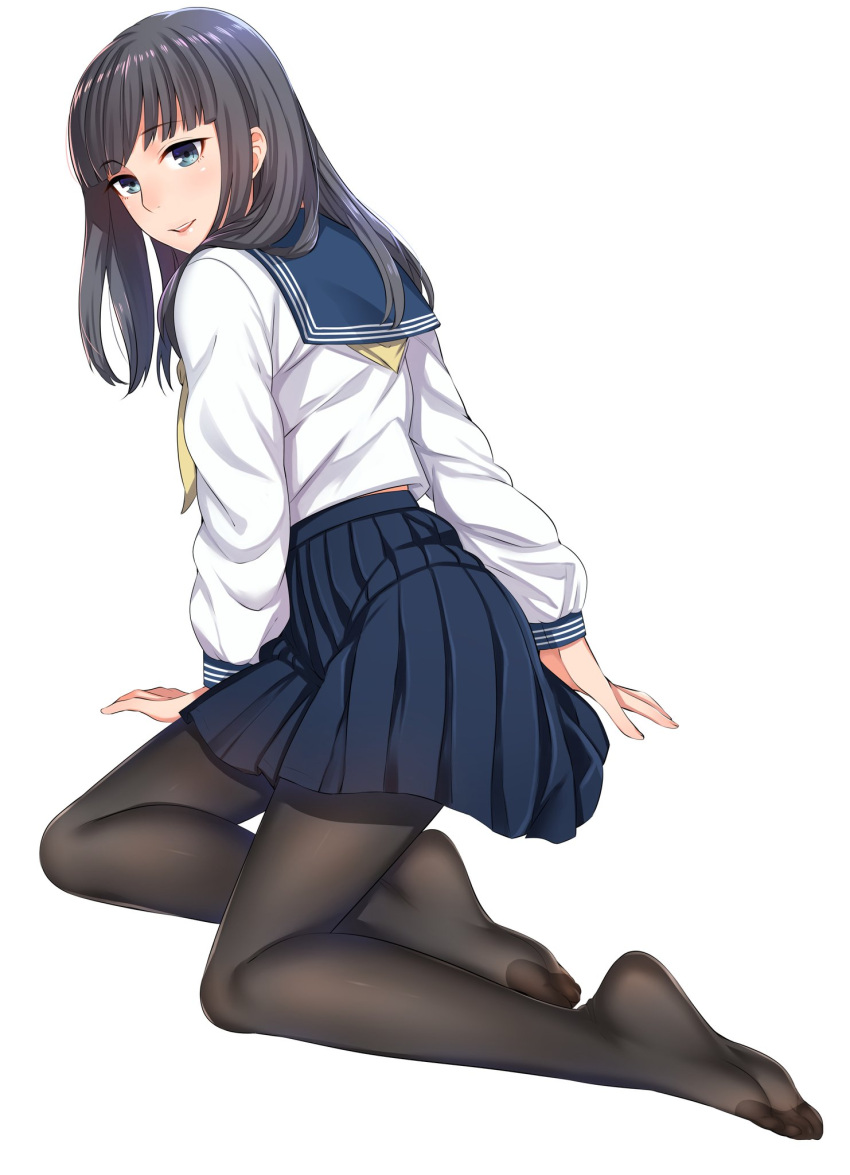 1girl black_hair blue_eyes crossed_legs eyebrows eyebrows_visible_through_hair highres kyuuso_inukami legs long_hair looking_at_viewer open_mouth original pantyhose pleated_skirt scarf school_uniform serafuku sitting skirt solo white_background