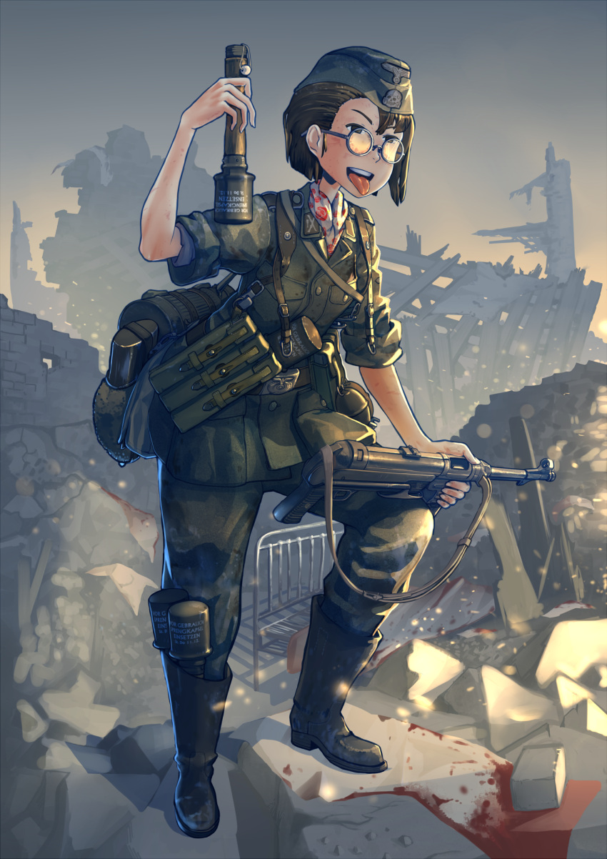 1girl blood commentary erica_(naze1940) german glasses gun highres holding holding_weapon md5_mismatch military military_uniform nazi open_mouth original solo standing stick_grenade tongue tongue_out uniform war weapon