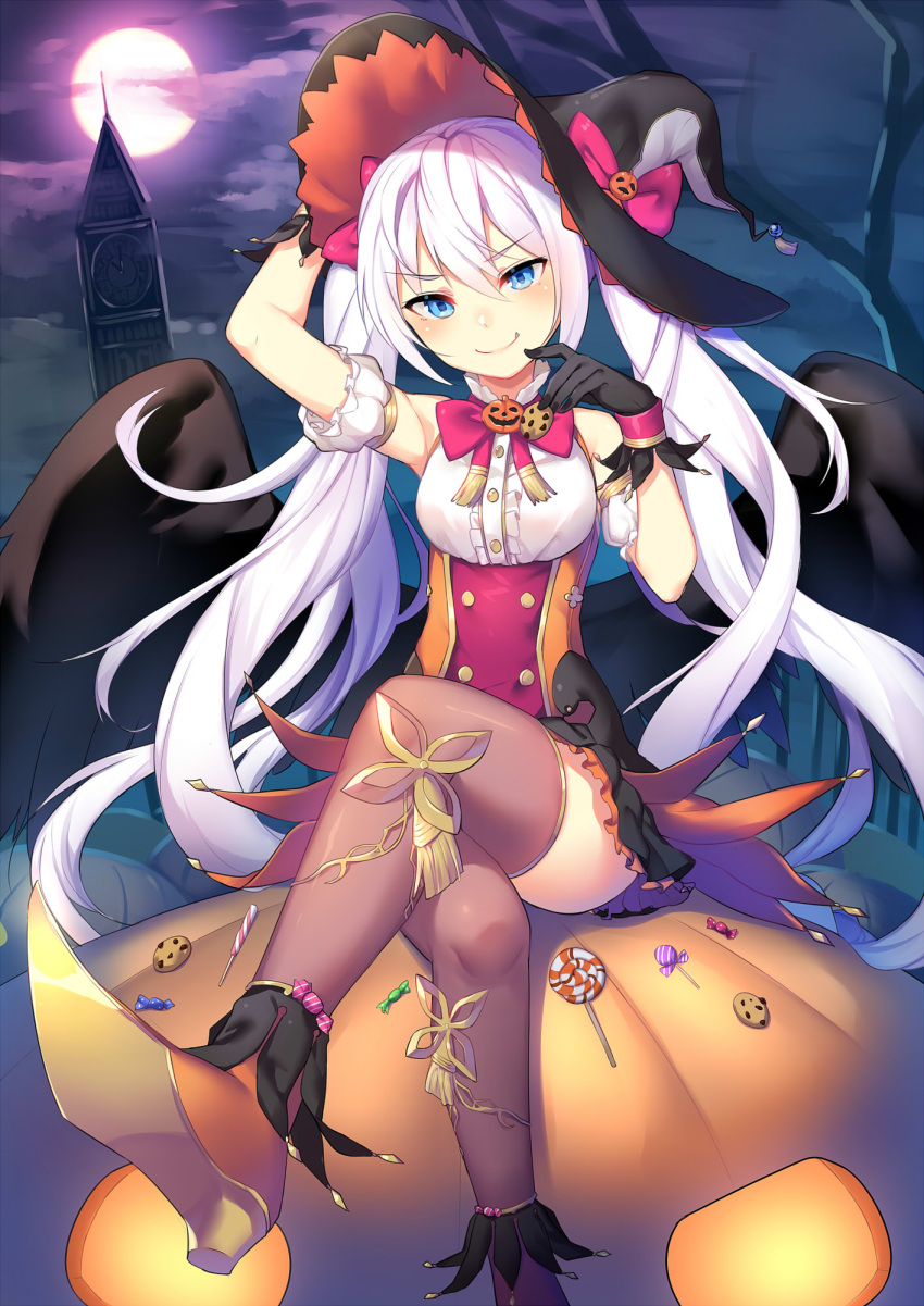 1girl alexmaster black_gloves black_hat blue_eyes brown_legwear crossed_legs gloves hair_ribbon halloween hat highres long_hair looking_at_viewer moon night original outdoors pumpkin red_ribbon ribbon silver_hair sitting solo thigh-highs twintails witch_hat