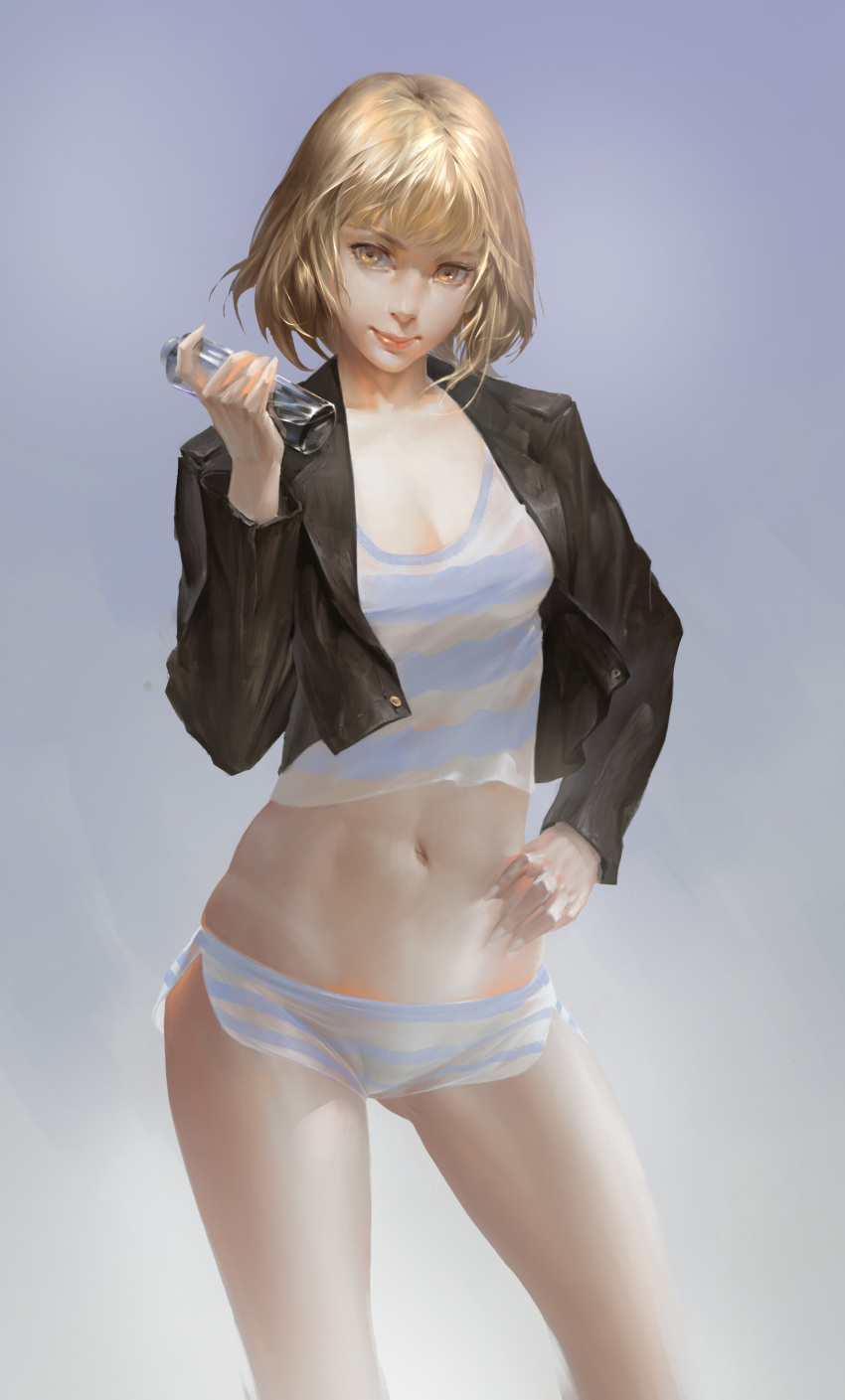 1girl absurdres blonde_hair blue_background breasts cleavage closed_mouth contrapposto crop_top cropped_jacket fingernails highres holding horizontal_stripes lips looking_at_viewer medium_breasts midorikawa_hana midriff navel nose prison_school short_hair short_shorts shorts simple_background smile solo standing stomach striped striped_shorts yellow_eyes yuyu_wang