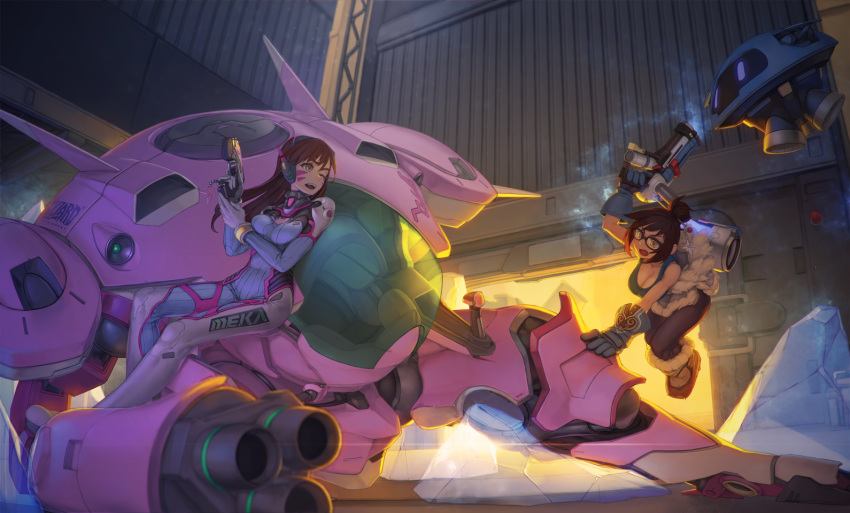 2girls against_object battle bodysuit breasts brown_hair cleavage clothes_around_waist d.va_(overwatch) glasses gun handgun ice ice_gun mecha medium_breasts mei_(overwatch) meka_(overwatch) multiple_girls open_mouth overwatch pilot_suit rotix weapon