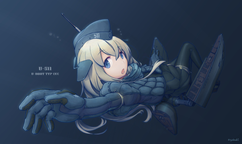 1girl blonde_hair blue_eyes character_name commentary_request cropped_jacket gloves hat highres kantai_collection long_hair looking_at_viewer machinery mumyoudou solo twitter_username u-511_(kantai_collection) underwater