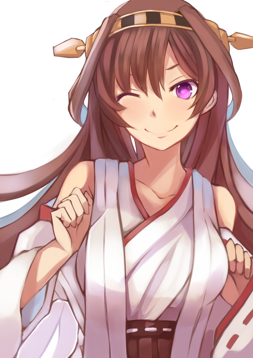 1girl bare_shoulders brown_hair clenched_hands collarbone detached_sleeves hairband highres kantai_collection kongou_(kantai_collection) long_hair looking_at_viewer nontraditional_miko one_eye_closed ribbon-trimmed_sleeves ribbon_trim simple_background smile solo upper_body violet_eyes white_background yuzu_(masami)
