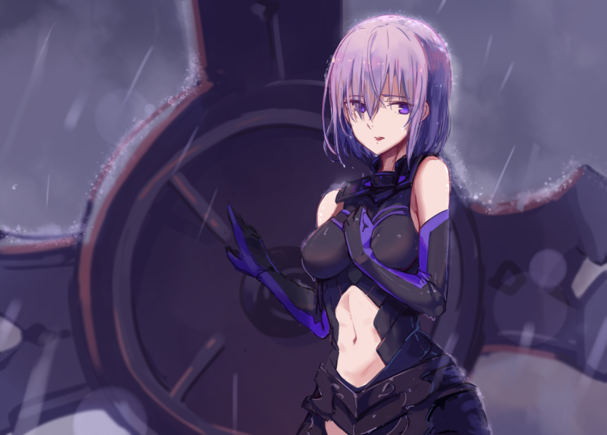 1girl bare_shoulders elbow_gloves fate/grand_order fate_(series) gloves hfp~kubiao highres lavender_eyes lavender_hair looking_to_the_side navel rain shielder_(fate/grand_order) short_hair solo