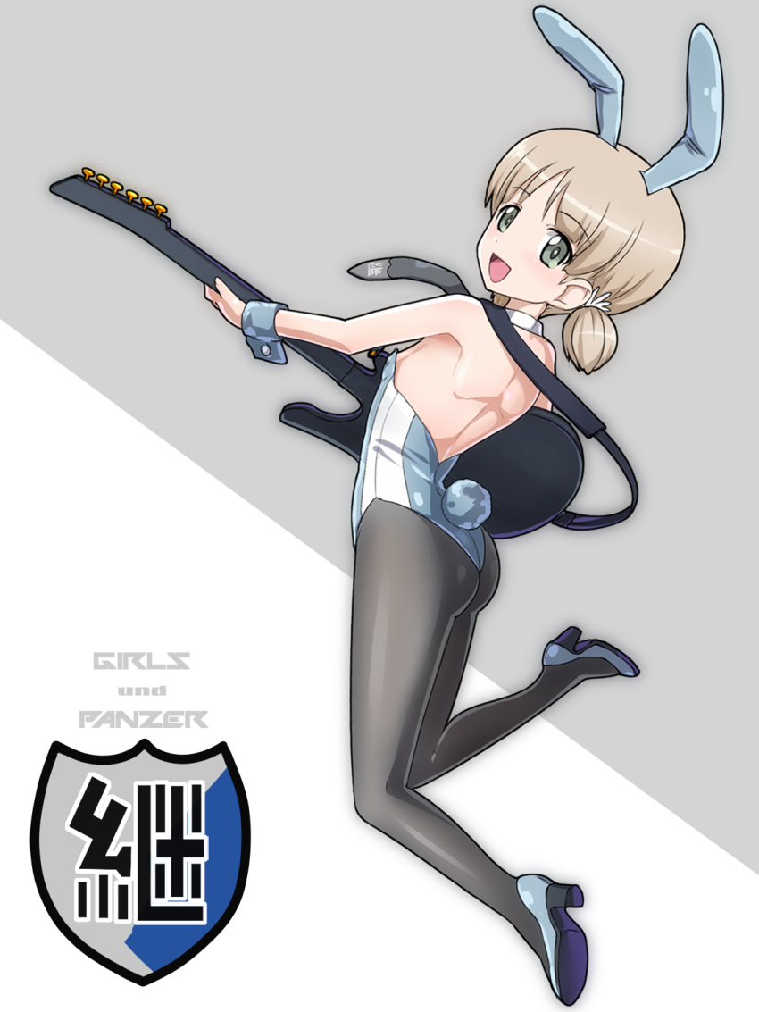 1girl adapted_costume aki_(girls_und_panzer) animal_ears ass bare_shoulders black_legwear blonde_hair bow bowtie breasts bunny_girl bunny_tail bunnysuit copyright_name detached_collar electric_guitar emblem fake_animal_ears full_body girls_und_panzer green_eyes guitar high_heels highres instrument iwahana jumping keizoku_(emblem) leotard open_mouth pantyhose rabbit_ears short_hair short_twintails small_breasts smile solo tail twintails wrist_cuffs