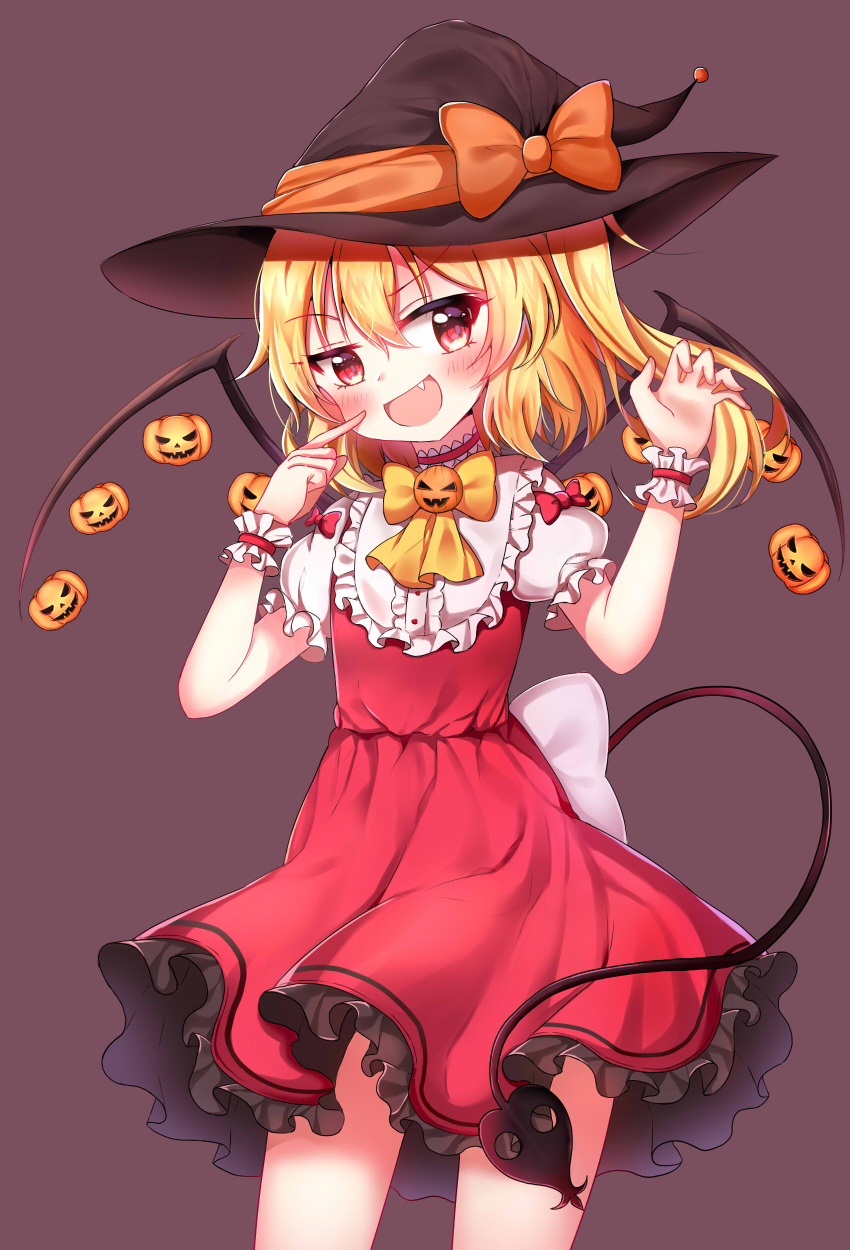 1girl absurdres black_hat blonde_hair blush bow bowtie choker cowboy_shot dress fang flandre_scarlet frilled_dress frills hair_between_eyes halloween hanen_(borry) hat hat_ribbon highres jack-o'-lantern laevatein_(tail) mob_cap open_mouth orange_bow orange_ribbon puffy_short_sleeves puffy_sleeves red_bow red_dress ribbon short_sleeves side_ponytail smile solo touhou wings witch_hat wrist_cuffs yellow_bow yellow_bowtie