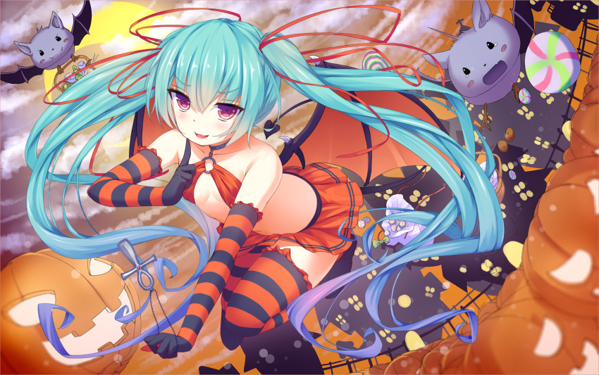 1girl aqua_hair bat candy demon_tail demon_wings elbow_gloves gloves halloween hatsune_miku highres jack-o'-lantern long_hair papino pink_eyes skirt solo striped striped_gloves striped_legwear tail thigh-highs twintails very_long_hair vocaloid wings