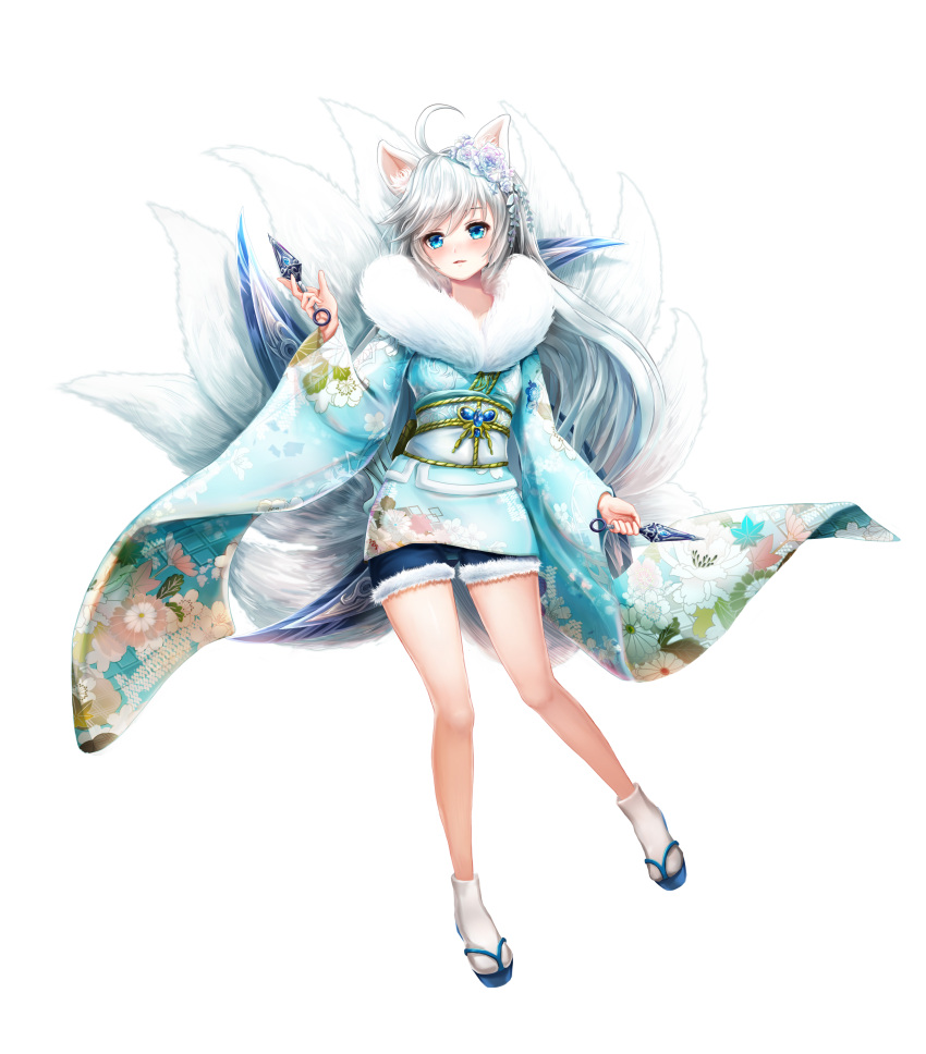 1girl absurdres ahoge animal_ears blue_eyes blush collarbone commentary_request flower fox fox_ears fox_tail fur_trim hair_flower hair_ornament highres japanese_clothes kimono kunai lunacle multiple_tails obi open_mouth original sash short_hair silver_hair simple_background solo tail weapon white_background