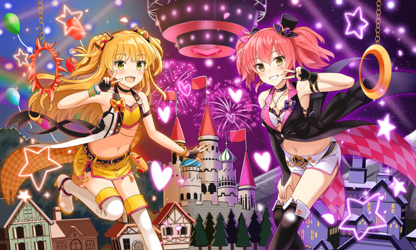 2girls absurdres black_boots black_gloves blonde_hair boots bow bra bracelet breasts cleavage collarbone crop_top fingerless_gloves fireworks gloves grin hair_bow hand_on_lap hat highres idolmaster idolmaster_cinderella_girls jewelry jougasaki_mika jougasaki_rika leaning_forward long_hair looking_at_viewer medium_breasts midriff mini_hat multiple_girls musk_tiger navel necklace open_mouth pink_hair short_shorts shorts sister skirt small_breasts smile star thigh-highs thigh_boots twintails two_side_up underwear v w white_boots white_bra white_shorts yellow_eyes yellow_skirt