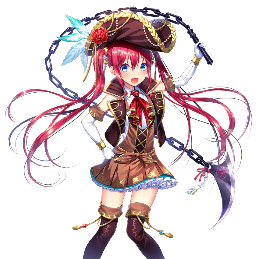 1girl blue_eyes boots chain elbow_gloves fang fuji_minako gloves hair_ornament hand_on_hip highres holding holding_weapon long_hair open_mouth redhead simple_background solo tenkuu_no_craft_fleet thigh-highs thigh_boots twintails weapon white_background white_gloves