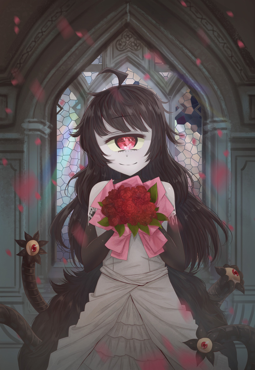 1girl absurdres ahoge artist_check bare_shoulders black_hair bouquet cyclops daikazoku63 dress extra_eyes flower gazer_(monster_girl_encyclopedia) grey_skin highres holding_bouquet long_hair looking_at_viewer monster_girl monster_girl_encyclopedia one-eyed petals red_eyes red_rose rose rose_petals smile solo source_request stained_glass tail tentacles wedding_dress white_dress yellow_sclera