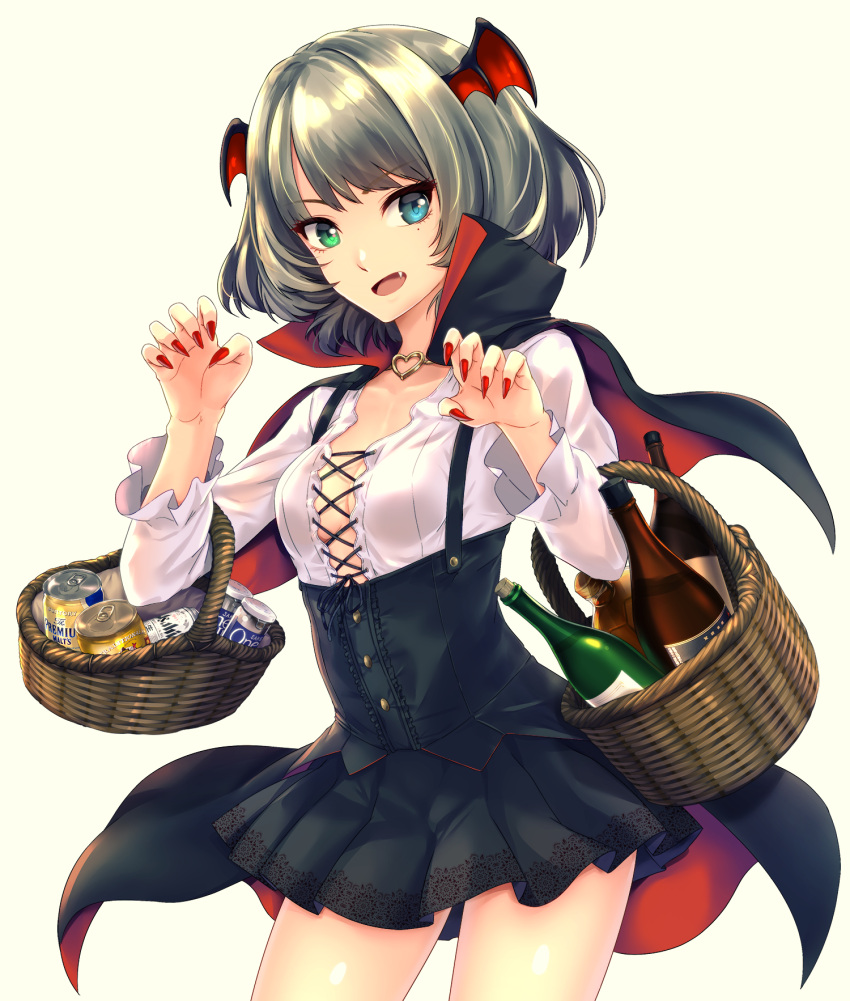 1girl bangs basket bat_wings beer_can black_skirt blouse blue_eyes bottle breasts brown_hair can cape capelet claw_pose cleavage contrapposto cowboy_shot cross-laced_clothes fang fingernails green_eyes grey_hair halloween head_wings heterochromia highres idolmaster idolmaster_cinderella_girls infinote jewelry long_fingernails long_sleeves looking_at_viewer miniskirt mole mole_under_eye nail_polish necklace open_mouth red_nails sharp_fingernails short_hair simple_background skirt smile solo takagaki_kaede tsurime underbust waist_cape white_background white_blouse wine_bottle wings