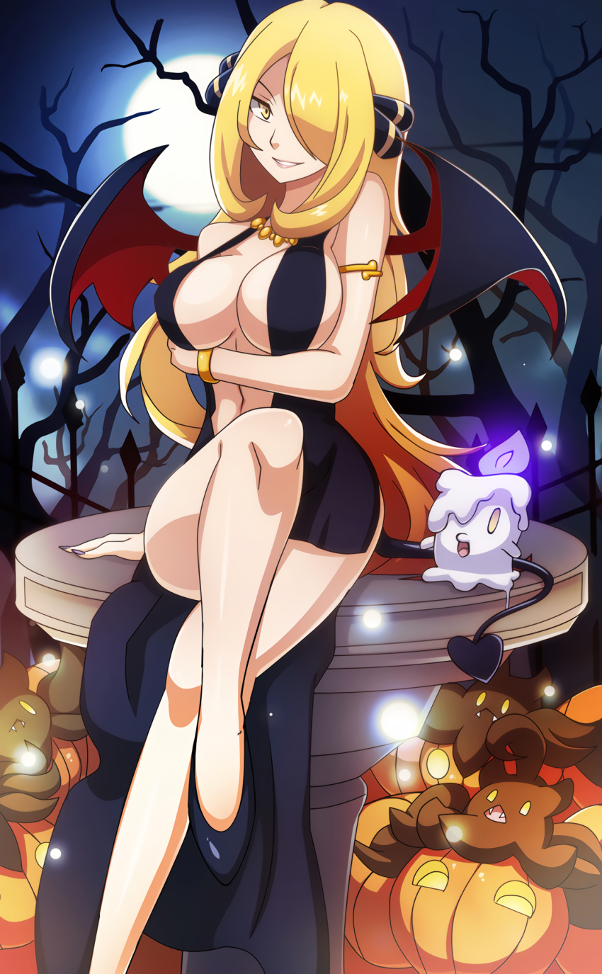 1girl alternate_costume arm_support armlet bare_tree black_dress black_shoes blonde_hair bracelet breasts center_opening collaboration commentary crossed_legs demon_tail demon_wings dress full_moon grin hair_ornament hair_over_one_eye halloween halloween_costume highres jewelry large_breasts litwick long_hair moon nail_polish necklace night night_sky outdoors pokemon pokemon_(creature) pokemon_(game) pokemon_dppt pumpkaboo scott_bennett shirona_(pokemon) shoes sitting sky smile tail tree vivivoovoo wings yellow_eyes