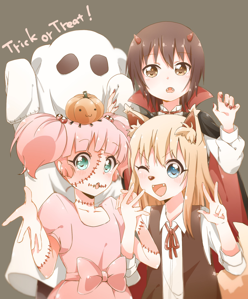 4girls :o akaza_akari alternate_costume animal_costume animal_ears aqua_eyes bafarin blonde_hair blue_eyes blush bow brown_background brown_eyes brown_hair cape collared_shirt commentary_request costume dress english fake_nails fangs funami_yui ghost_costume hair_bobbles hair_ornament halloween halloween_costume highres holding_hands large_bow long_hair long_sleeves looking_at_viewer multiple_girls nail_polish neck_ribbon one_eye_closed open_mouth pink_dress pink_hair puffy_short_sleeves puffy_sleeves pumpkin red_nails red_ribbon ribbon sharp_nails shirt short_hair short_sleeves short_twintails simple_background sleeves_folded_up smile stitched_mouth stitches tail toshinou_kyouko trick_or_treat twintails upper_body v vampire_costume white_shirt wing_collar wolf_costume wolf_ears wolf_tail yoshikawa_chinatsu yuru_yuri