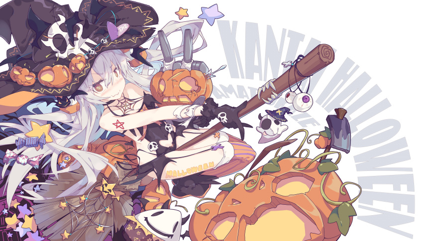 1girl absurdres amatsukaze_(kantai_collection) blush broom broom_riding halloween hat highres kantai_collection litsvn pumpkin solo thigh-highs witch_hat