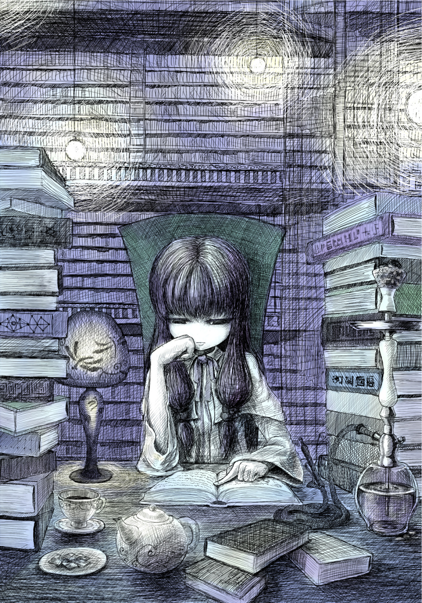 1girl alternate_eye_color book book_stack chin_rest colored_eyelashes commentary_request cup desk desk_lamp expressionless green_eyes highres hime_cut hookah interior lamp lavender_hair library long_hair looking_down low-tied_long_hair open_book patchouli_knowledge reading sitting solo sweets taguchi_kirei teacup teapot touhou twintails wide_sleeves