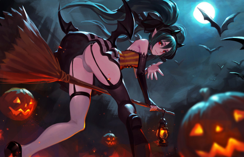 1girl ass asymmetrical_legwear bare_shoulders bat bat_wings black_ribbon black_shoes broom broom_riding commentary detached_sleeves fkey flying from_behind full_moon garter_straps green_hair hair_ribbon hairband halloween halloween_costume hatsune_miku highres horns jack-o'-lantern lolita_fashion looking_at_viewer looking_back moon moonlight outdoors panties pantyshot pointy_ears red_eyes ribbon shoes solo thigh-highs twintails underwear vocaloid white_panties wings