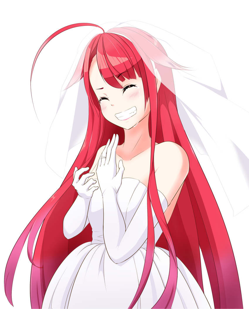 1girl absurdres ahoge bridal_veil bride closed_eyes collarbone commentary_request dress elbow_gloves gloves grin hair_flaps highres jewelry kantai_collection kawakaze_(kantai_collection) long_hair nuemamoru_eion pink_hair remodel_(kantai_collection) ring smile solo strapless strapless_dress tears veil very_long_hair wedding_band wedding_dress