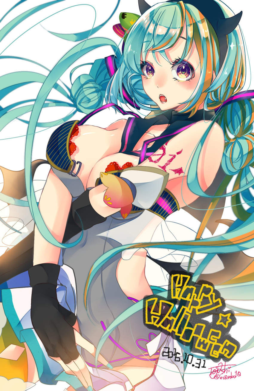 1girl 2016 aqua_hair artist_name breasts crossed_arms dated elbow_gloves fang fingerless_gloves gloves happy_halloween hatsune_miku highres long_hair looking_at_viewer medium_breasts nail_polish open_mouth solo tattoo togashi_(choco-bakama_kitchen) twintails very_long_hair vocaloid white_background