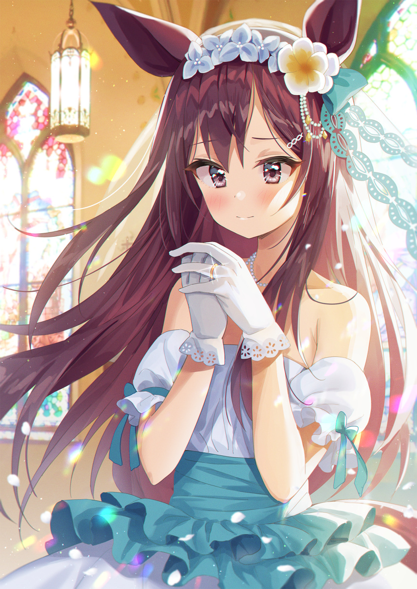 1girl blue_flower blush brown_eyes brown_hair chobi_(penguin_paradise) closed_mouth commentary_request detached_sleeves dress flower glint gloves hair_flower hair_ornament hands_together hands_up highres indoors jewelry long_hair mejiro_dober_(umamusume) own_hands_together puffy_short_sleeves puffy_sleeves ring short_sleeves smile solo stained_glass strapless strapless_dress umamusume very_long_hair white_dress white_flower white_gloves white_sleeves