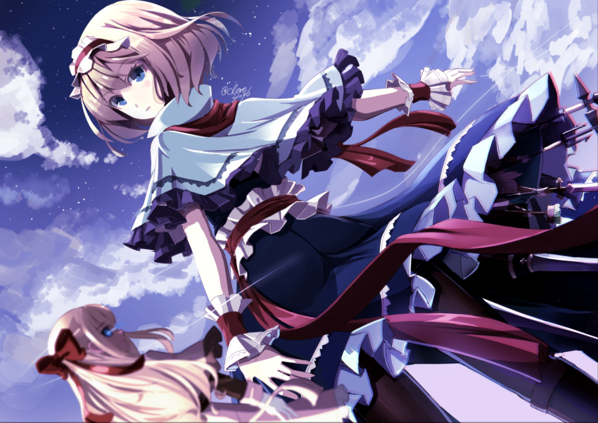 2girls alice_margatroid black_legwear blonde_hair blue_dress blue_eyes blue_sky bow brush capelet clere clouds cloudy_sky commentary_request dress dutch_angle frilled_dress frills hair_bow hairband hourai_doll lance lolita_hairband long_hair looking_at_viewer looking_back multiple_girls outstretched_arm pantyhose polearm red_bow sash short_hair signature sky star_(sky) starry_sky touhou trident weapon wrist_cuffs