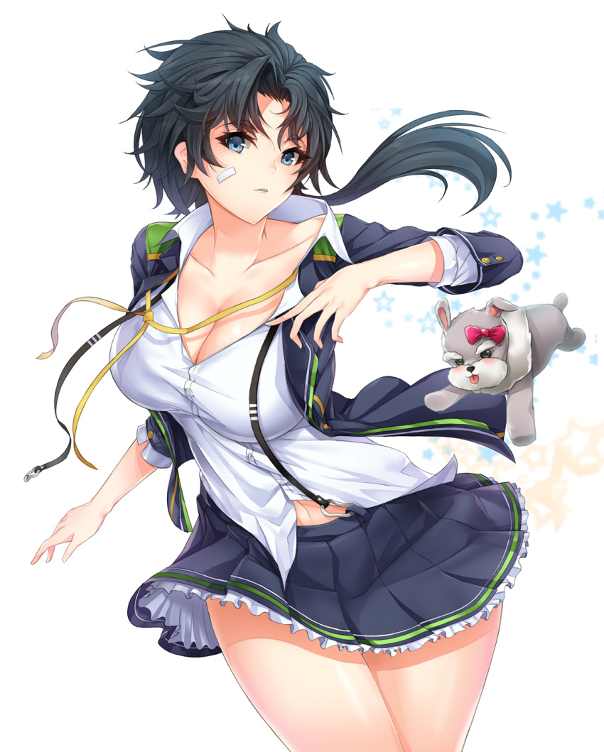 1girl animal bandaid bandaid_on_face bangs black_hair black_skirt blazer blue_eyes blush breasts buttons cleavage collarbone collared_shirt cowboy_shot dog dress_shirt eyebrows eyebrows_visible_through_hair floating_hair genderswap genderswap_(mtf) highres jacket large_breasts long_hair looking_at_viewer miniskirt moing navel open_blazer open_clothes open_jacket parted_bangs pleated_skirt ribbon shade shirt skirt sleeves_past_elbows soccer_spirits star suspender_skirt suspenders tongue tongue_out twisted_torso unbuckled untucked_shirt white_shirt yellow_ribbon