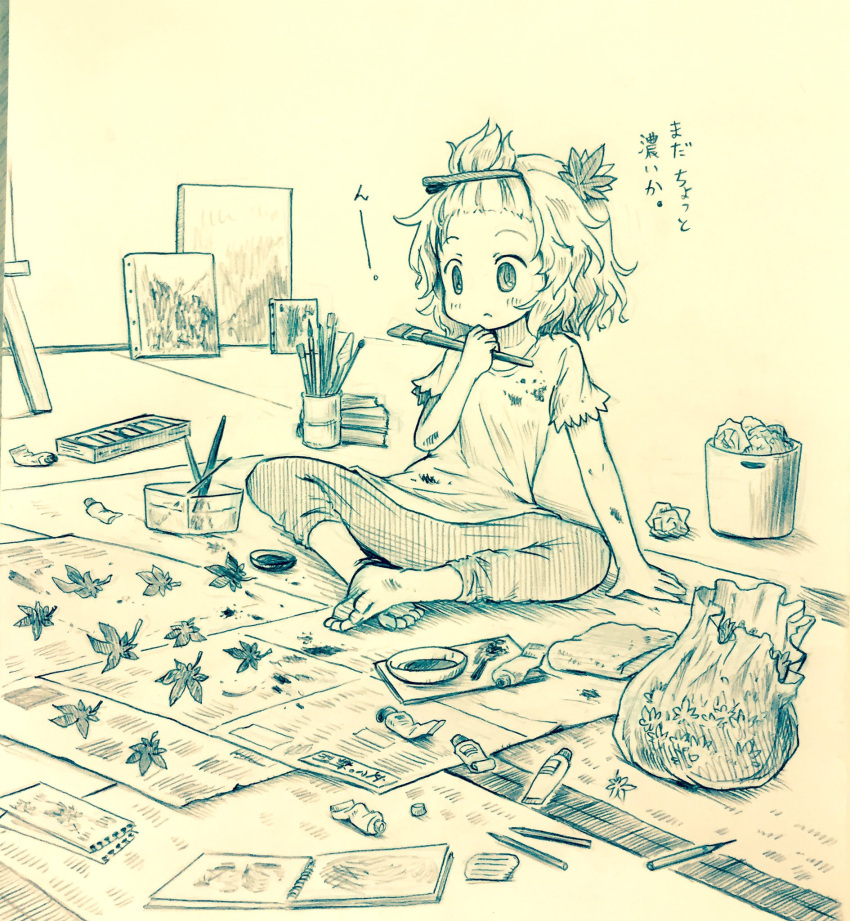 1girl aki_shizuha arinu autumn_leaves bag bangs_pinned_back barefoot commentary_request easel hair_ornament hairclip hand_on_own_chin highres indian_style leaf_hair_ornament monochrome newspaper paint_on_clothes paint_tube paintbrush painting pencil short_hair short_sleeves sitting sketchbook solo touhou trash_can
