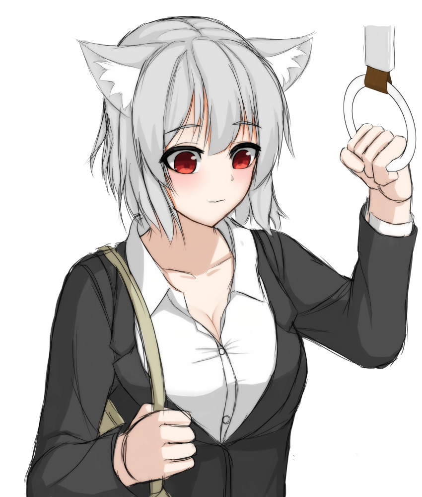 1girl absurdres alternate_costume animal_ears blush breasts cleavage closed_mouth collarbone commentary_request contemporary dress_shirt highres inubashiri_momiji large_breasts ozu_(agito100001) red_eyes shirt short_hair silver_hair solo suit_jacket touhou upper_body white_shirt wolf_ears