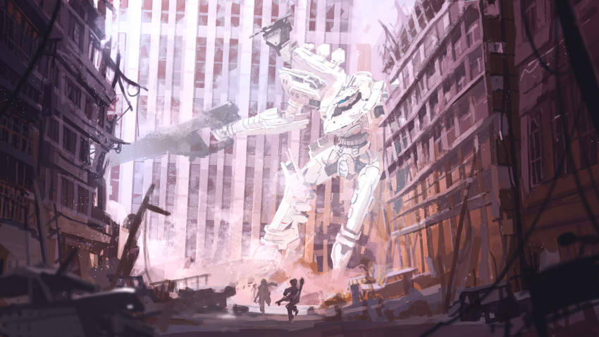 action armored_core blurry broken_window building city debris depth_of_field gun highres light_particles mecha niy_(nenenoa) road scenery silhouette soldier street war weapon