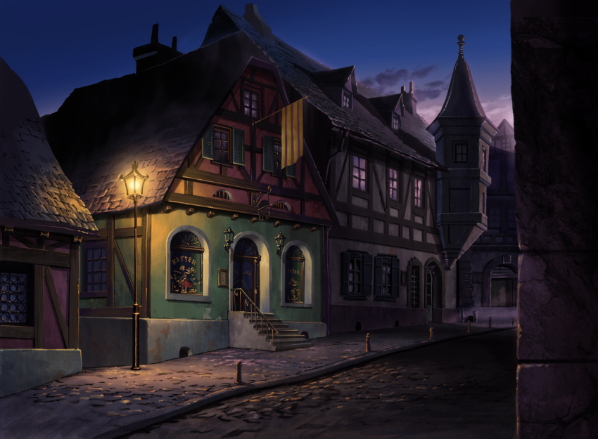 architecture building clouds dark dusk flag highres lamppost no_humans original railing road scenery sky stairs street town window yakisoba_monster