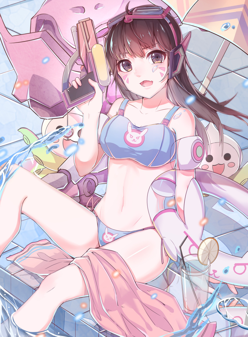 &gt;:3 1girl :3 absurdres adapted_costume arm_at_side arm_support bangs bare_legs bare_shoulders beach_umbrella bikini blue_bikini breasts brown_eyes brown_hair bunny_print collarbone cup d.va_(overwatch) day drinking_glass drinking_straw facepaint facial_mark fang food fruit glass goggles goggles_on_head groin hand_up highres holding innertube knee_up lemon lemon_slice long_hair looking_at_viewer mecha medium_breasts meka_(overwatch) midriff navel open_mouth outdoors overwatch pachimari partially_submerged pool poolside side-tie_bikini sitting smile soaking_feet solo sora_(zwz030) stuffed_animal stuffed_octopus stuffed_toy swimsuit teeth towel umbrella wading water water_drop water_gun whisker_markings