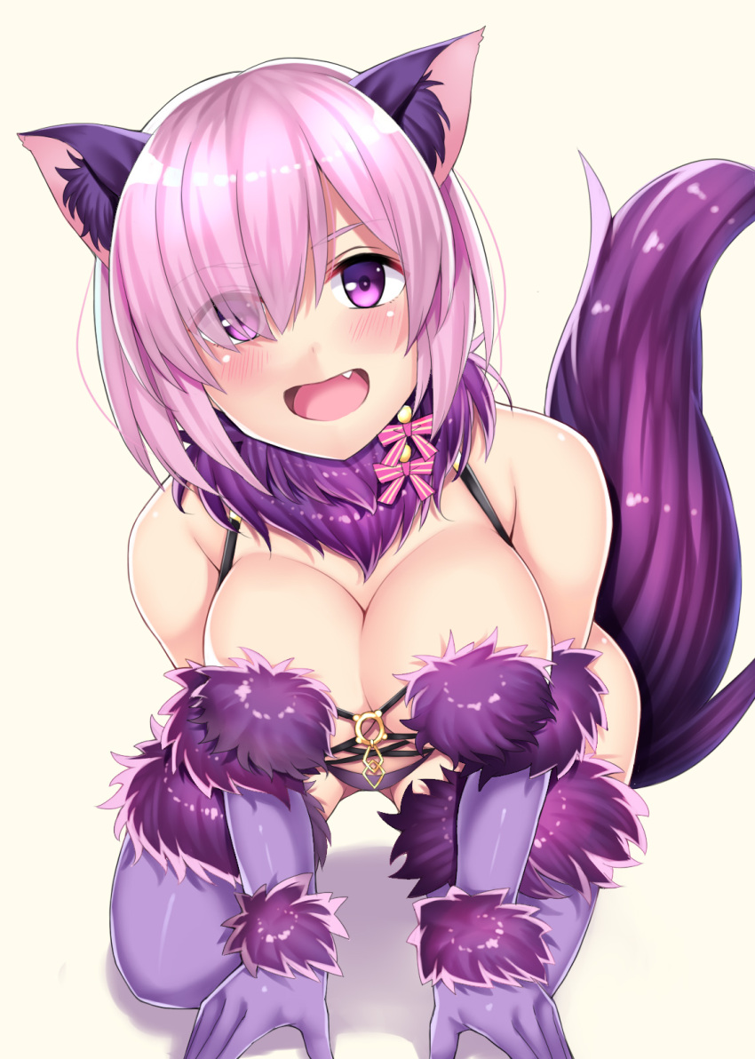 1girl all_fours alternate_costume animal_ears bare_shoulders beeyan blush breasts cat_ears cleavage elbow_gloves fang fate/grand_order fate_(series) fur_trim gloves hair_over_one_eye halloween halloween_costume highres large_breasts looking_at_viewer o-ring_top open_mouth pink_hair shielder_(fate/grand_order) short_hair simple_background smile solo tail thigh-highs violet_eyes white_background