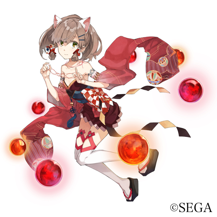 1girl animal_ears armband bare_shoulders bow breasts brown_hair cat's_cradle cat_ears chinese_knot clog_sandals collarbone detached_sleeves falsehood full_body green_eyes hair_ornament hairclip highres japanese_clothes looking_at_viewer obi orb ponytail red_string sandals sash sega short_hair sidelocks simple_background small_breasts solo string tabi thigh-highs watermark white_background white_legwear wide_sleeves world_end_eclipse