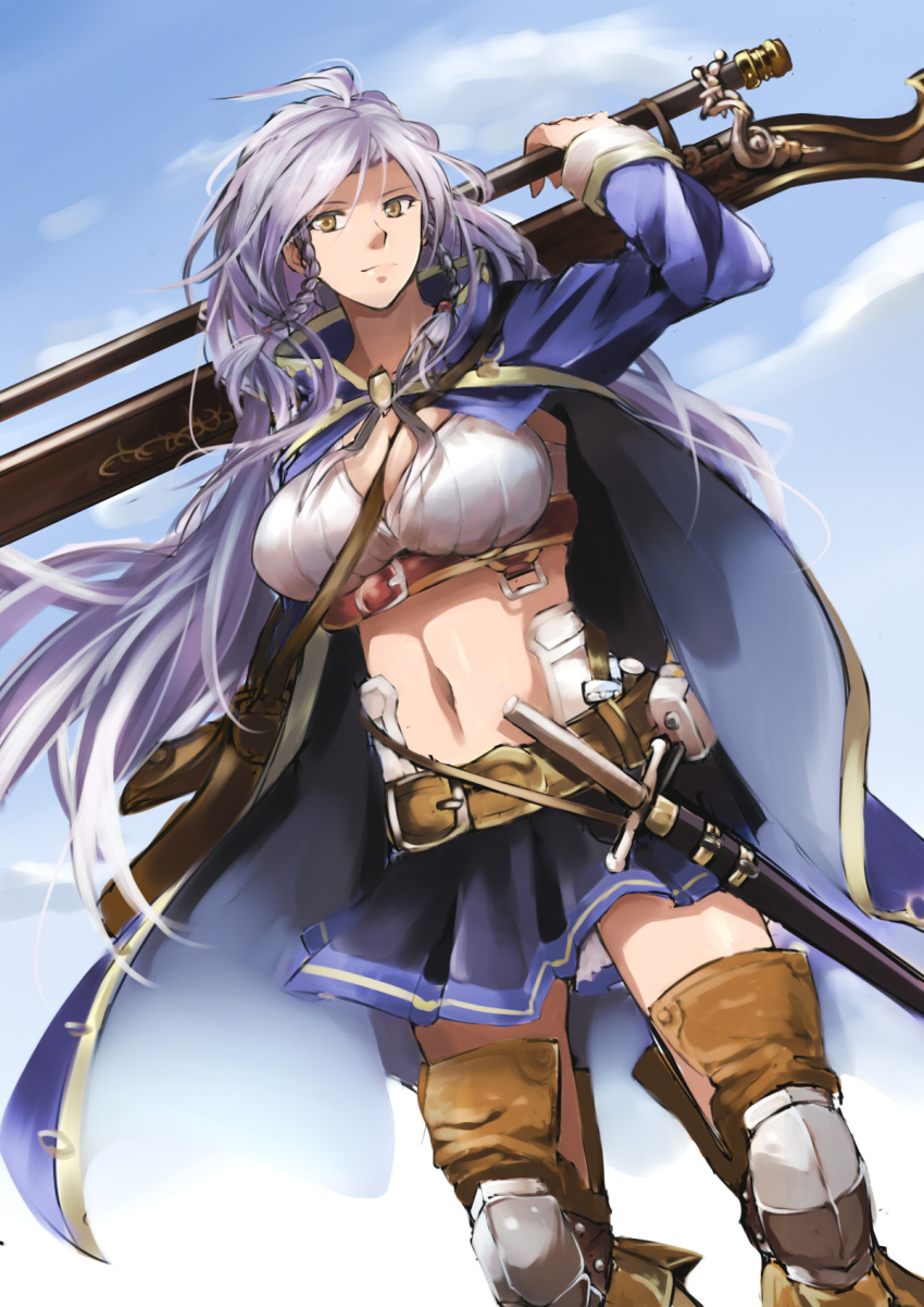1girl ahoge bangs belt between_breasts black_skirt blue_sky boots braid breasts brown_legwear cleavage closed_mouth clouds coat granblue_fantasy gun highres holding holding_gun holding_weapon knee_pads lavender_hair long_hair long_sleeves miniskirt navel open_clothes open_coat rifle shirokuro_(shirokuro-1999) silva_(granblue_fantasy) skirt sky solo strap strap_cleavage thigh-highs thigh_boots twin_braids weapon wind yellow_eyes