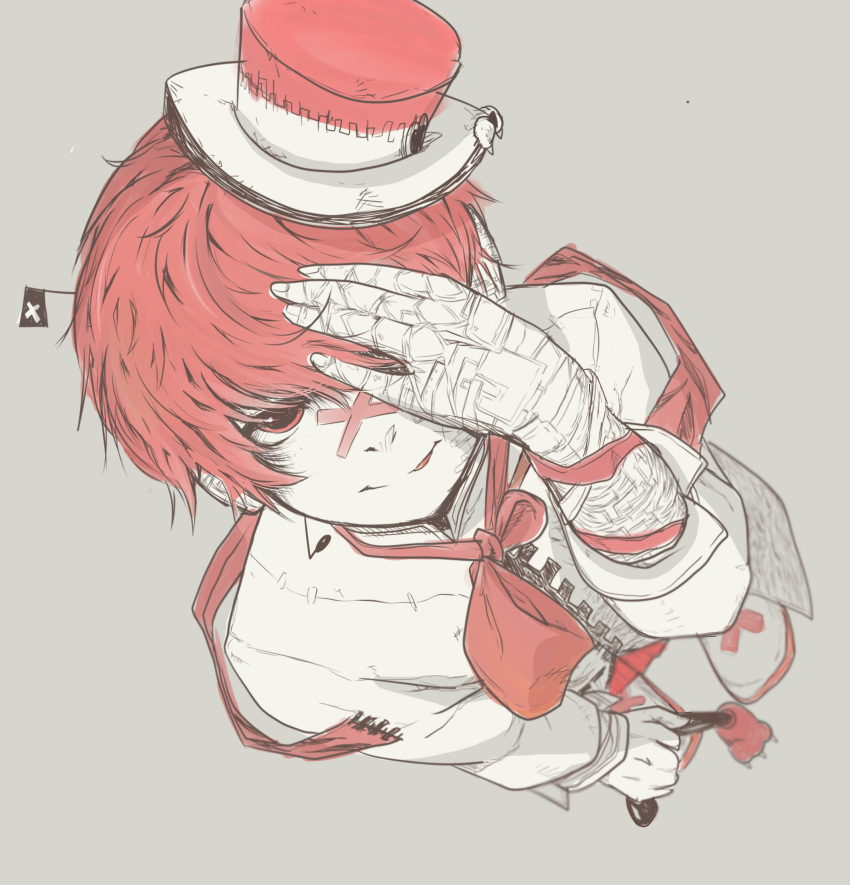 1boy :p absurdres cane covering_one_eye from_above fukase grey_background hat head_flag headset highres looking_at_viewer male_focus mini_hat mini_top_hat perspective ran_(pixiv6360827) red_eyes redhead simple_background smile solo tongue tongue_out top_hat vocaloid