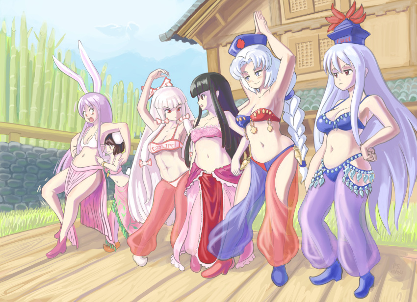 &gt;:( 6+girls abs animal_ears arabian_clothes armpits bangs bare_arms belly belly_dancing belly_poke blue_hair blunt_bangs blush blush_stickers bow bra breasts brown_hair bunny_tail confused d: d:&lt; eientei eye_contact floppy_ears frown fujiwara_no_mokou full_body green_eyes hair_bow hair_ribbon hat highres hime_cut hips houraisan_kaguya inaba_tewi jewelry kamishirasawa_keine long_hair long_skirt looking_at_another medium_breasts multicolored_hair multiple_girls navel open_mouth pants petite plump pout profitshame purple_hair rabbit_ears red_eyes reisen_udongein_inaba revision ribbon short_hair skindentation skirt smile smirk smug streaked_hair surprised tail toned touhou tress_ribbon underwear very_long_hair white_hair yagokoro_eirin