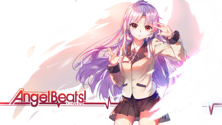 1girl angel_beats! baisi_shaonian blazer brown_skirt contrapposto copyright_name highres jacket long_hair looking_at_viewer pleated_skirt red_eyes school_uniform silver_hair skirt tachibana_kanade white_wings wings