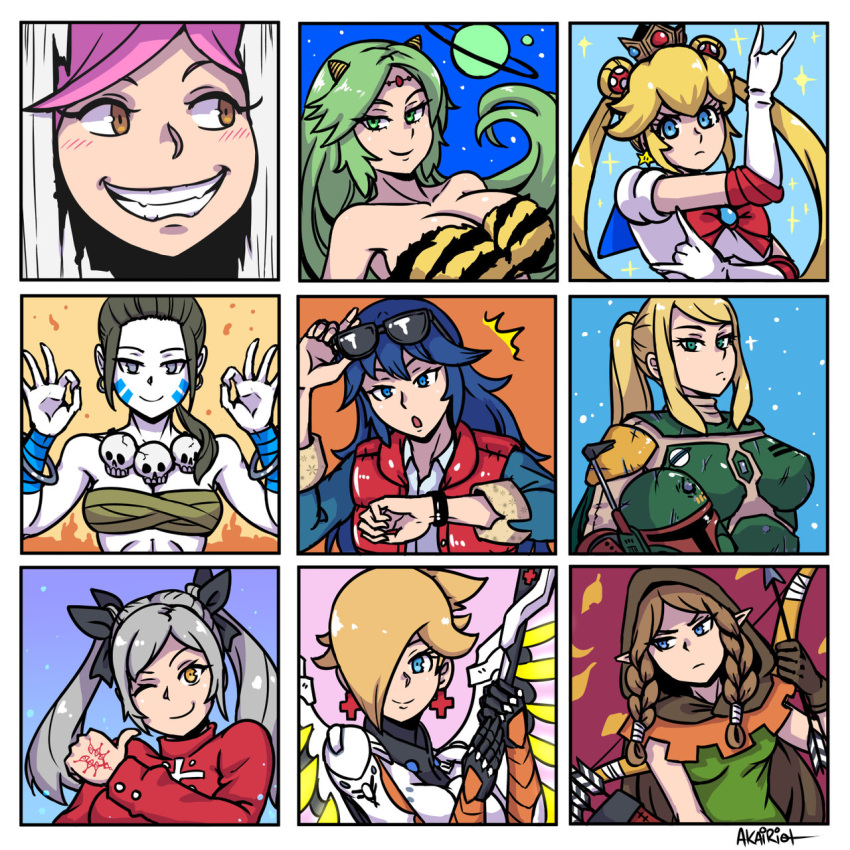 akairiot back_to_the_future bishoujo_senshi_sailor_moon black_hair blonde_hair blue_eyes blue_hair blush boba_fett boba_fett_(cosplay) bow breasts brown_hair command_spell cosplay dhalsim dhalsim_(cosplay) doubutsu_no_mori dragon's_crown elf_(dragon's_crown) fate/stay_night fate_(series) female_my_unit_(fire_emblem:_kakusei) fire_emblem fire_emblem:_kakusei gloves green_eyes green_hair grey_eyes hair_ornament hair_over_one_eye helmet here's_johnny! highres horn kid_icarus kid_icarus_uprising long_hair looking_at_viewer lucina lum lum_(cosplay) super_mario_bros. marty_mcfly marty_mcfly_(cosplay) mercy_(overwatch) mercy_(overwatch)_(cosplay) multiple_girls my_unit_(fire_emblem:_kakusei) one_eye_closed open_mouth overwatch palutena pink_hair pointy_ears ponytail pose princess_peach princess_zelda rosetta_(mario) sailor_moon sailor_moon_(cosplay) samus_aran short_hair skull_necklace smile star_wars street_fighter sunglasses super_smash_bros. the_legend_of_zelda the_legend_of_zelda:_twilight_princess the_shining thumbs_up toosaka_rin toosaka_rin_(cosplay) twintails villager_(doubutsu_no_mori) watch white_hair wii_fit wii_fit_trainer yellow_eyes