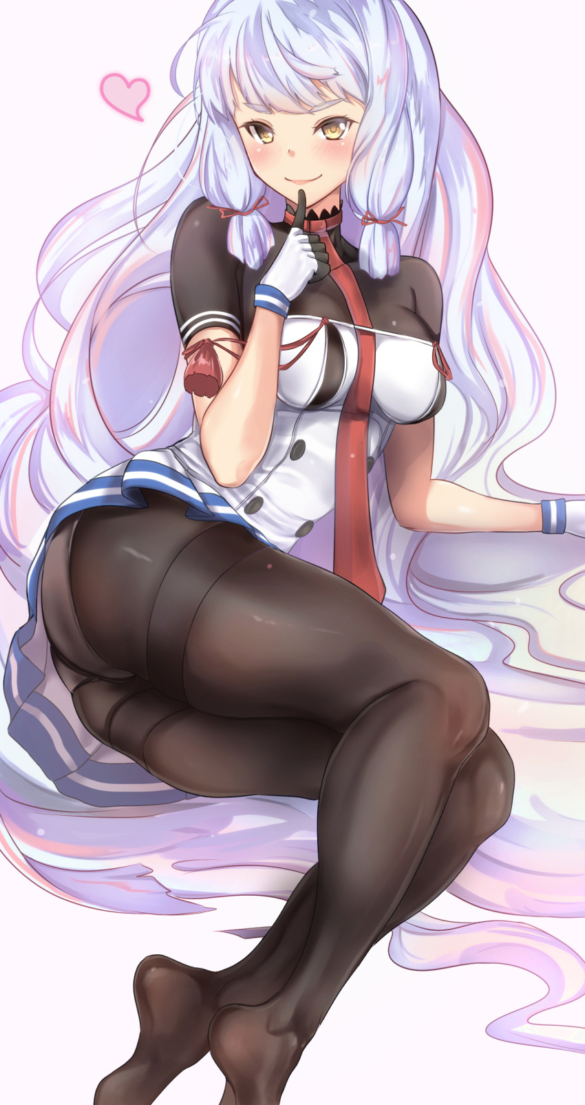 1girl absurdly_long_hair background bangs blush breasts buttons commentary_request crop_top dress eyebrows eyebrows_visible_through_hair finger_to_chin fingerless_gloves gloves grey_background hair_ornament hair_ribbon headgear_removed highres kantai_collection lips long_hair medium_breasts murakumo_(kantai_collection) necktie no_shoes orange_eyes panties panties_under_pantyhose pantyhose red_necktie red_ribbon ribbon sailor_dress smile solo strapless strapless_dress thighband_pantyhose tress_ribbon tube_dress turtleneck underwear untsue very_long_hair white_hair white_panties