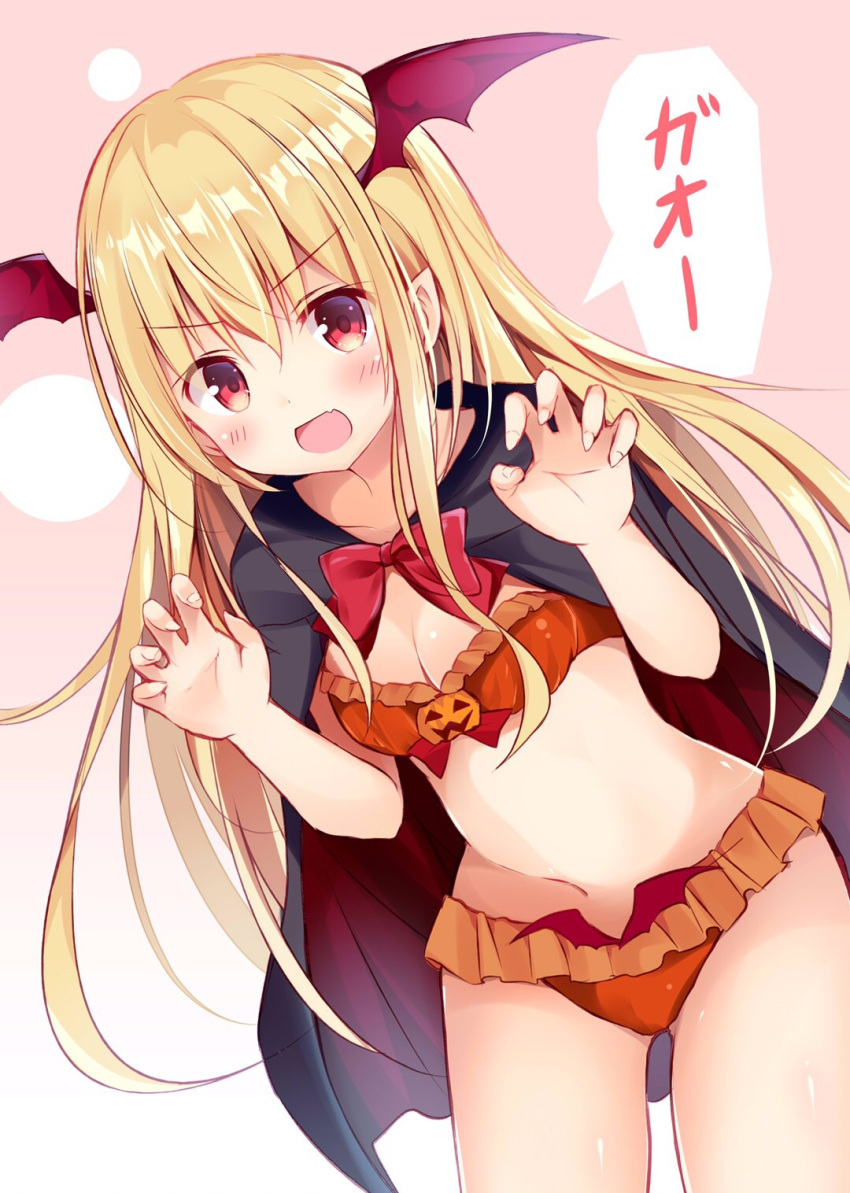 &gt;:d 1girl :d alternate_costume bat_wings bikini blonde_hair blush bow bowtie breasts cape claw_pose cleavage collarbone cowboy_shot dutch_angle frilled_bikini frills gao granblue_fantasy halloween head_wings highres hyurasan leaning_forward long_hair looking_at_viewer open_mouth orange_bikini pointy_ears red_bow red_bowtie red_eyes small_breasts smile solo swimsuit vampy wings