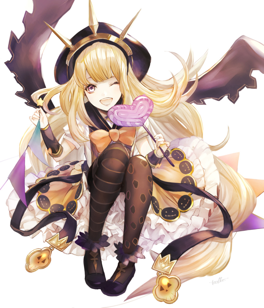 1girl ;d asymmetrical_legwear bangs black_shoes blonde_hair blunt_bangs bow bracer cagliostro_(granblue_fantasy) candy cape frilled_skirt frills garland_(decoration) granblue_fantasy hairband halloween halloween_costume heart highres holding hood jack-o'-lantern lollipop long_hair looking_at_viewer one_eye_closed open_mouth orange_bow orange_skirt puffy_short_sleeves puffy_sleeves pumpkin shoes short_sleeves signature simple_background sitting skirt smile solo spikes star striped striped_legwear thigh-highs very_long_hair violet_eyes white_background xxx-ff