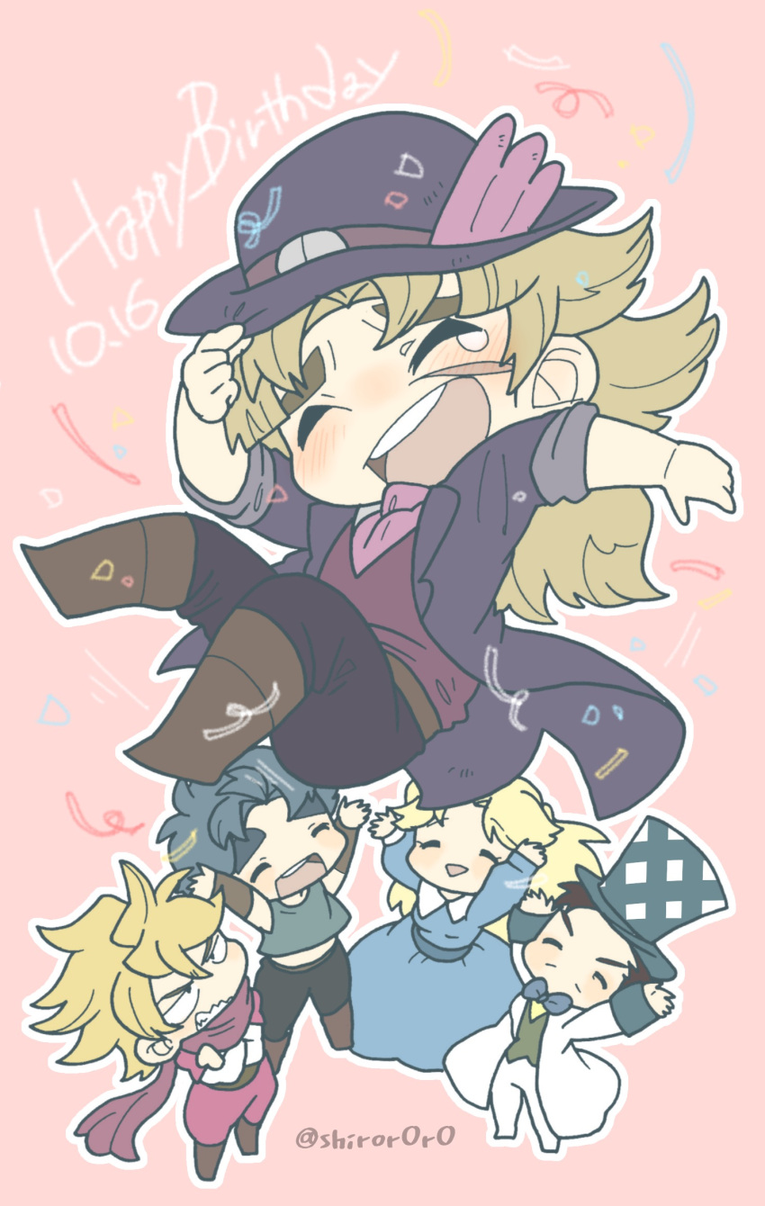 black_hair blonde_hair blue_dress blue_hair boots bow bowtie breasts brown_boots clenched_teeth closed_eyes coat crossed_arms dio_brando dress erina_pendleton facial_hair happy_birthday hat highres jojo_no_kimyou_na_bouken jonathan_joestar mustache open_mouth red_scarf robert_eo_speedwagon scar scar_on_cheek scarf shiro_(tiotolv) smile tank_top tears teeth top_hat triangle_mouth twitter_username will_anthonio_zeppeli