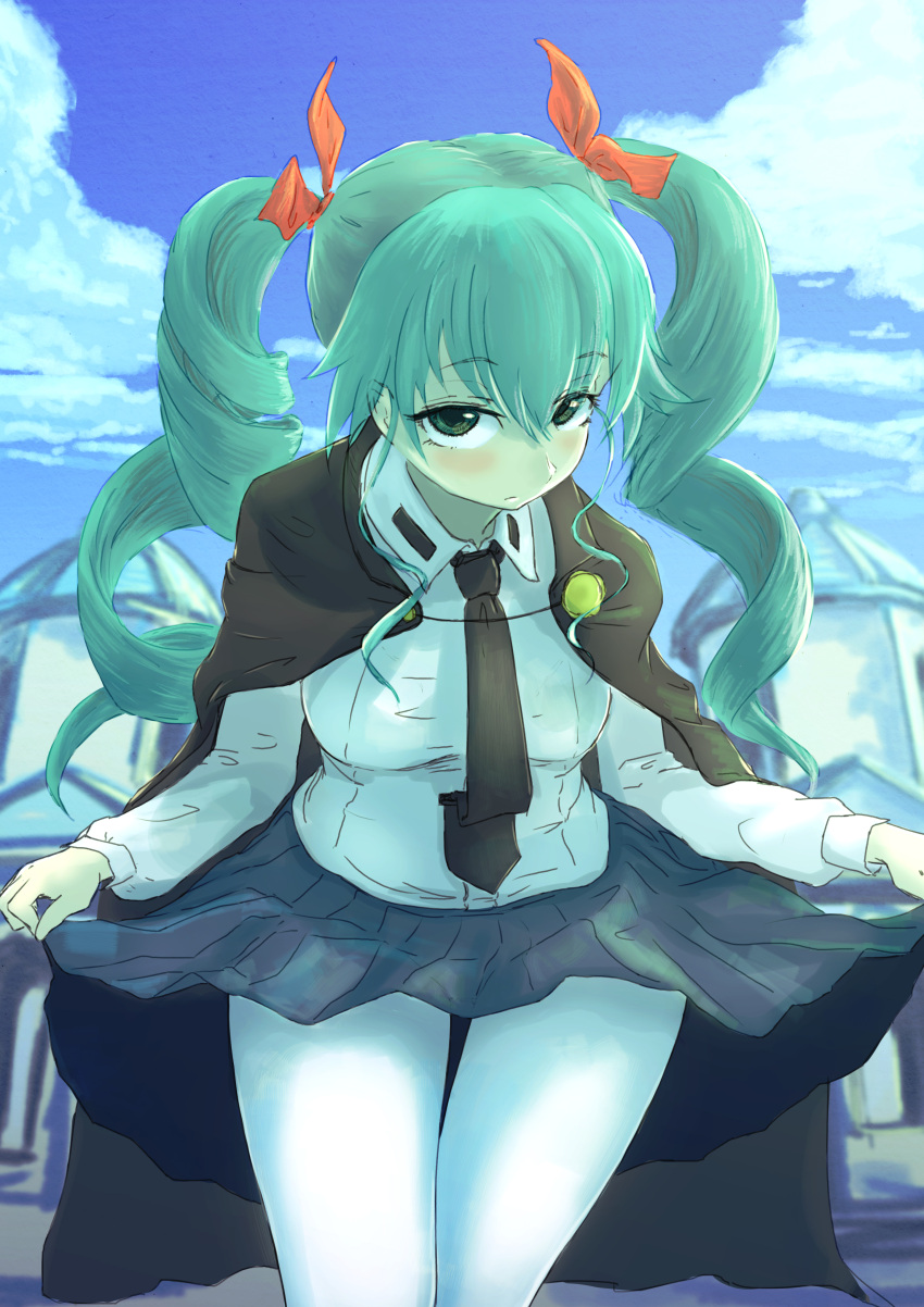 1girl absurdres anchovy bangs belt black_skirt brown_eyes cape closed_mouth clouds cloudy_sky commentary_request cowboy_shot curtsey dress_shirt drill_hair girls_und_panzer green_hair hair_ribbon highres long_hair long_sleeves looking_at_viewer miniskirt necktie nito_(nshtntr) pantyhose pleated_skirt ribbon school_uniform shirt skirt sky solo twin_drills twintails white_legwear white_shirt
