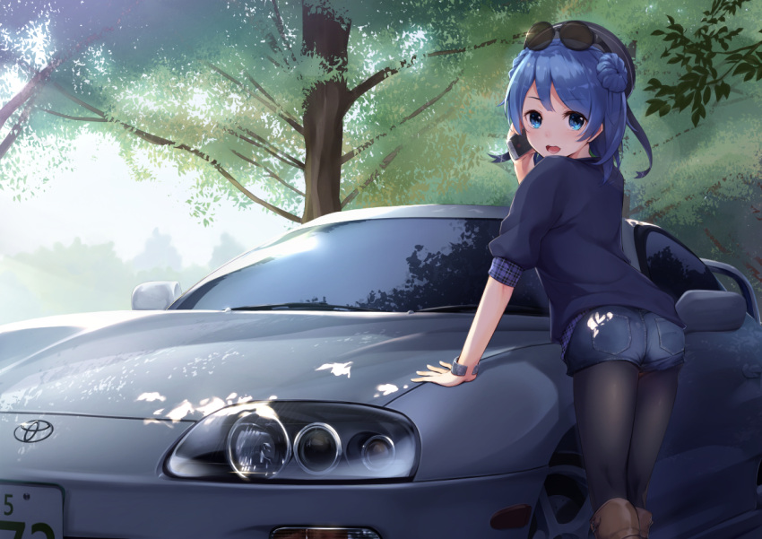 1girl alternate_costume black_legwear blue_eyes blue_hair blush boots bracelet brown_boots car cardigan cellphone commentary_request dappled_sunlight day double_bun eyebrows eyebrows_visible_through_hair from_side gedou_(shigure_seishin) ground_vehicle hat holding holding_phone jewelry kantai_collection knee_boots license_plate looking_at_viewer looking_to_the_side motor_vehicle open_mouth pantyhose pantyhose_under_shorts phone product_placement revision short_hair short_shorts shorts sleeves_pushed_up smartphone solo sunglasses sunglasses_on_head sunlight talking_on_phone toyota toyota_supra tree_shade urakaze_(kantai_collection)