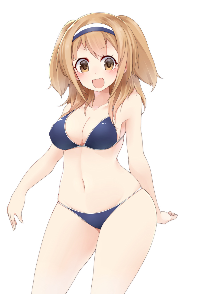 1girl :d absurdres bikini blonde_hair blue_bikini blush breasts brown_eyes hairband highres i-26_(kantai_collection) kantai_collection makiya_1919 medium_breasts navel open_mouth revision short_hair simple_background smile solo swimsuit twintails white_background