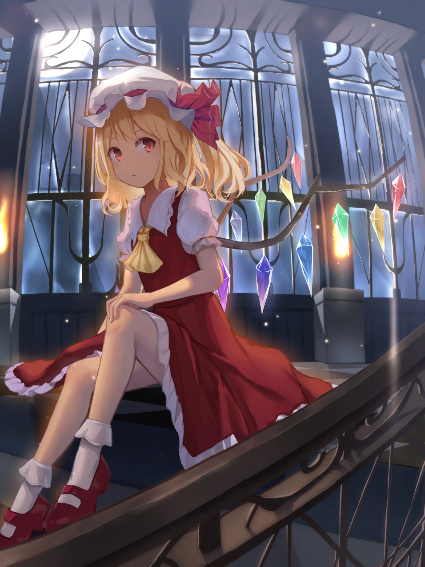 1girl 6980_(aaaaaadka) ascot blonde_hair checkered checkered_floor fire flame flandre_scarlet hat highres indoors light_particles looking_to_the_side mary_janes mob_cap moon moonlight night puffy_short_sleeves puffy_sleeves railing red_eyes shoes short_sleeves side_ponytail sitting solo stairs touhou window wings
