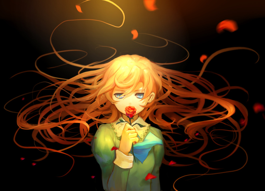 absurdres aoiakamaou blonde_hair dark_background dress floating_hair flower glowing green_dress hair_between_eyes highres holding holding_flower ib light long_sleeves mary_(ib) petals red_rose rose rose_petals upper_body